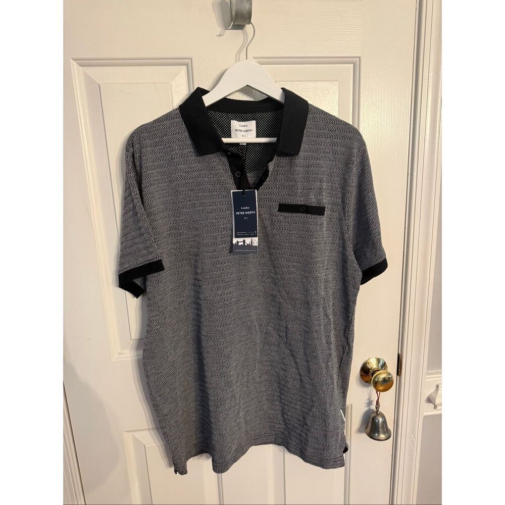 Peter Werth London Black & White Woven Polo Shirt sz L NWT